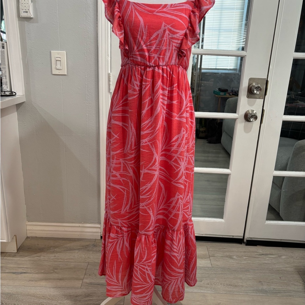 Women’s Coral Pink Printed Ruffle-Sleeve Maxi Dress